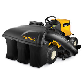 Black Cub Cadet Triple Bagger attached to Cub Cadet riding lawn mower