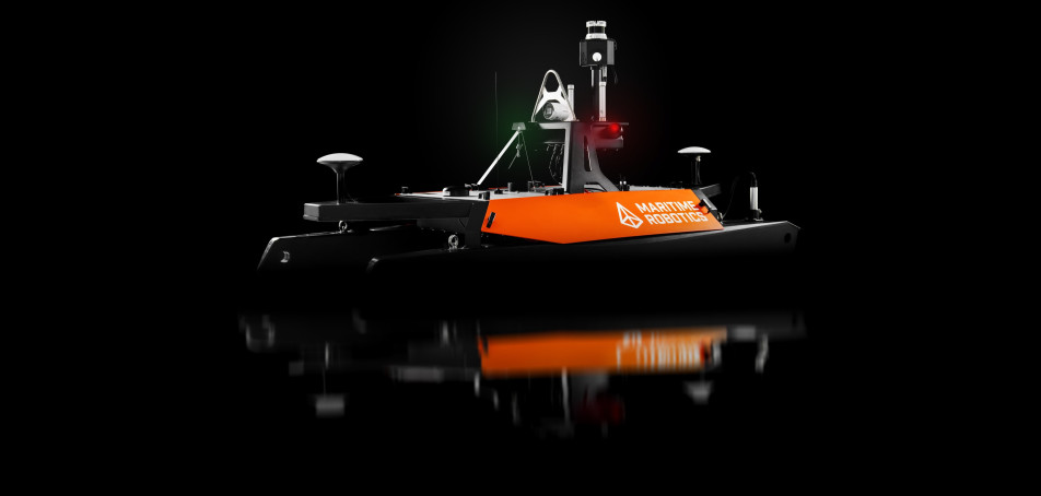 Side angle of Otter USV rendered on black background, showing full structure and sensor positioning.